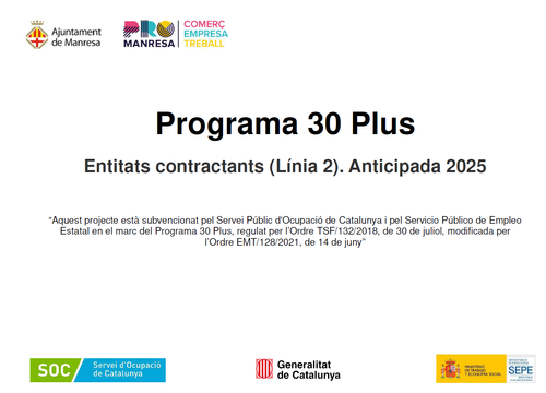 Sello del Programa 30 Plus de l'Ajuntament de Manresa, Generalitat de Catalunya y SEPE